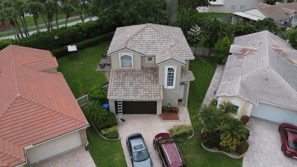 Curved clay tile close-up on roof, Aerial view of completed barrel tile roofing in Pembroke Pines FL
