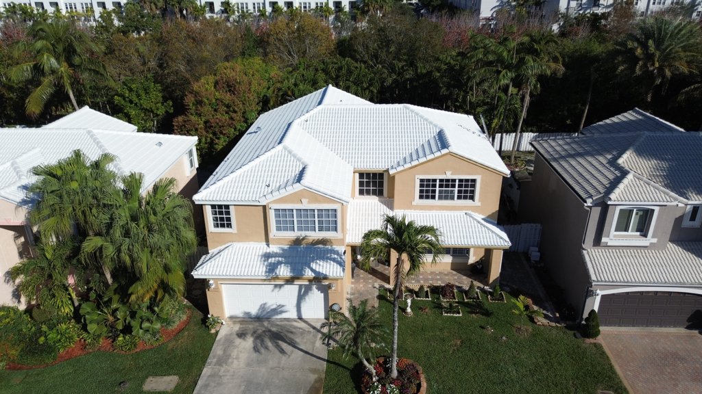 High-resolution image of completed white tile roofing in Pembroke Pines FL