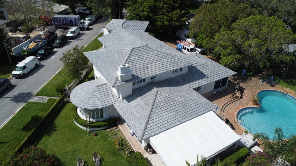 Elegant gray tile roof installed on a modern home in Sabal Palm