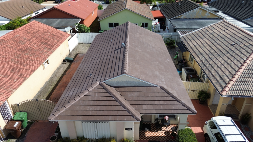 Full view of finished brown tile roof in Hialeah FL