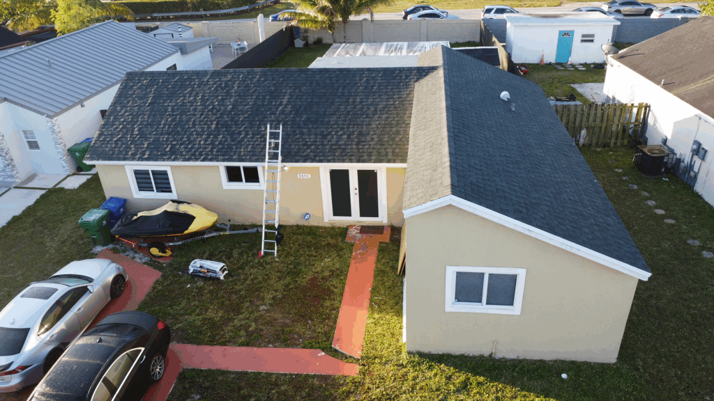 Drone shot of gray shingle roof completed in Miramar 33025