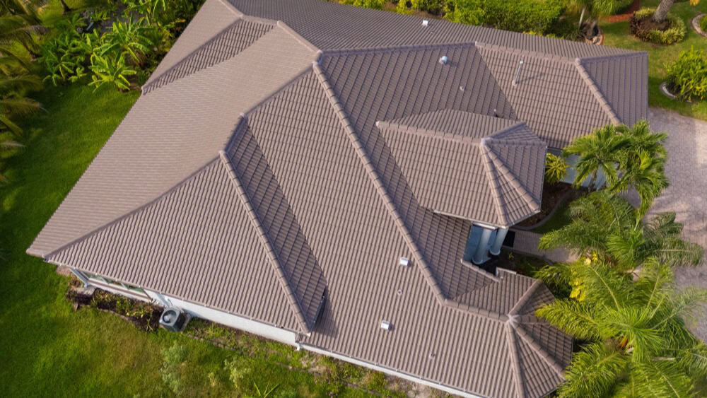 Aerial view of a modern residential roof by Doga Construction.
